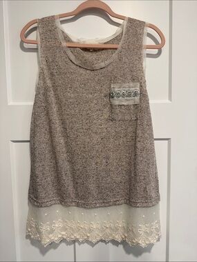 A'Reve Taupe Knit Tank with Cream Lace Hem and Embellished Pocket